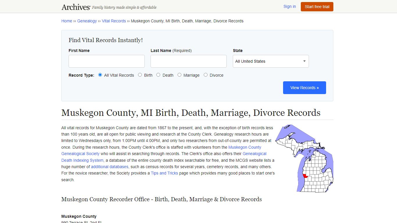 Muskegon County, MI Birth, Death, Marriage, Divorce Records