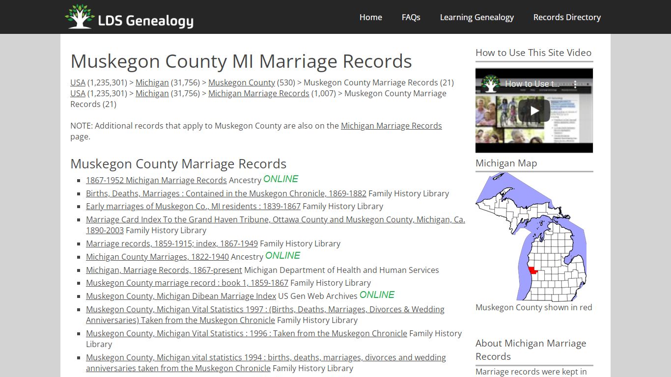 Muskegon County MI Marriage Records - LDS Genealogy